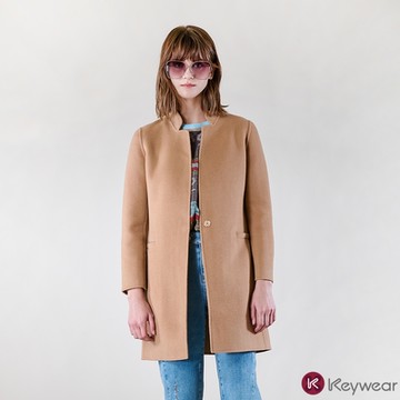 KeyWear奇威名品 100%羊毛純手工長袖大衣-淺咖啡色