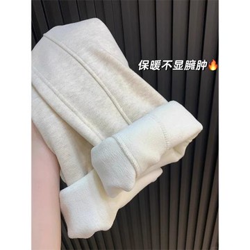 加絨加厚毛呢直筒褲女秋冬胖mm寬松顯瘦梨型身材米杏色闊腿休閑褲