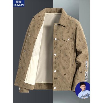 羅蒙燈芯絨外套男春秋款2025新款翻領夾克高級感帥氣印花薄款衣服