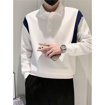 ins潮牌翻領衛衣男春秋季POLO衫長袖T恤2024新款男裝上衣撞色外套