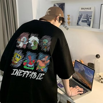 桃園出貨港風大碼卡通短袖T恤男夏季潮牌潮流美式ins寬鬆五分半袖情侶上衣