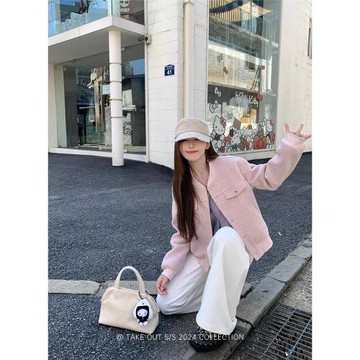 外賣到了【9/26限時95折】南韓idol粉色毛呢棒球服外套女秋季上衣