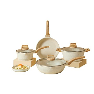 【朝川】麥飯石不沾鍋具組 煎炒鍋+平底鍋+泡麵鍋+湯鍋 鍋具4件組