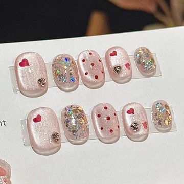 🎀台灣出貨🎀甜心手工穿戴甲顯白波點美甲愛心貓眼貼片可愛ins可拆卸帶鉆短款