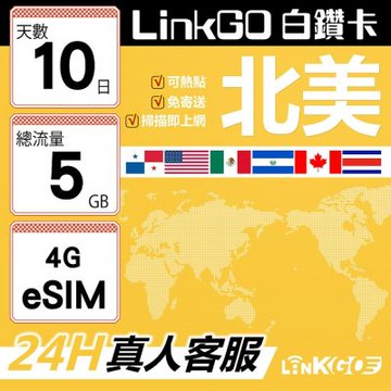 LinkGO白鑽卡 北美 eSIM卡 AT&T/Verizon 10天總流量5GB(北美網卡 美國 加拿大 墨西哥 巴拿馬)