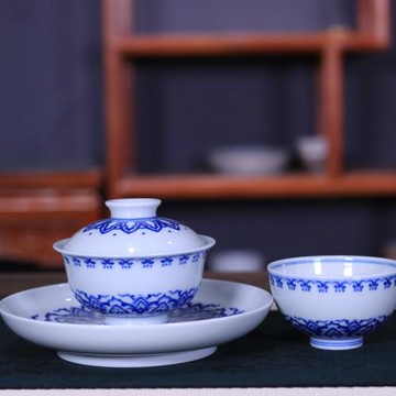 精品柴窯青花手繪寶相蓋碗茶杯壺承景德鎮仿古手工陶瓷器玩茶具