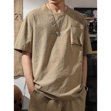 日系泡泡紗休閑短袖男薄款冰絲速干大碼寬松T恤夏季立體口袋上衣