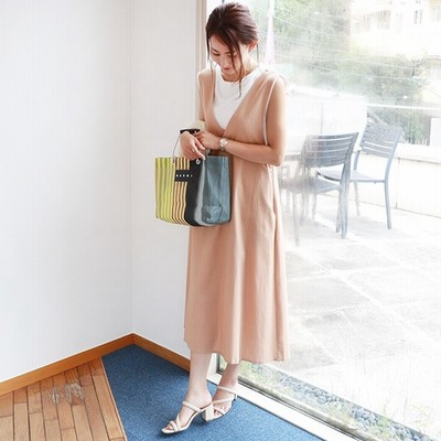 and Me... リネン レーヨン Vネック フレア ワンピース レディース キャミソール 麻 ジャンパースカート M/Lサイズ 春 夏 ベージュ L レディース