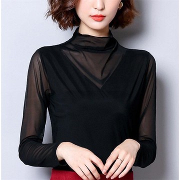 蕾絲打底衫女春秋長袖內搭薄款網紗上衣百搭修身黑色洋氣高領小衫