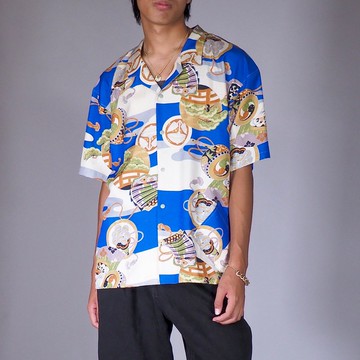 獨一無二的復古和服真絲按扣襯衫 L 碼 1980 年代日本再生單品