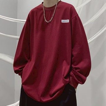 酒紅色長袖t恤男 M-5XL 三色入 春秋季美式潮流寬鬆T恤衫 高級感潮牌內搭打底衫 春秋薄款大學T服 休閒百搭圓領大學