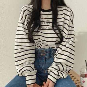 條紋長袖t恤女潮大碼春秋季韓版寬鬆設計感小眾女裝【步行者戶外生活館】P