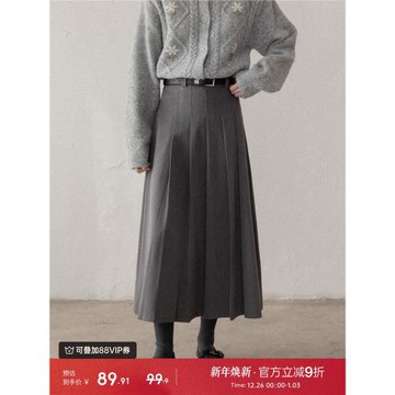 羊城故事 灰色西裝百褶半身裙女秋季學院風高腰顯瘦中長裙a字裙