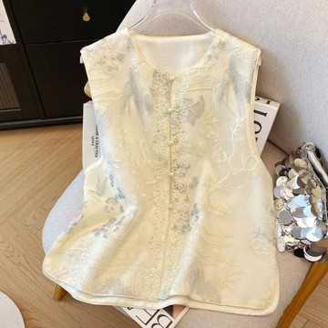 新中式中國風馬甲春夏薄款重工刺繡蕾絲馬夾背心復古無袖坎肩外套