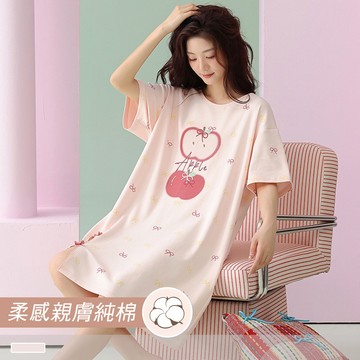 連身睡裙【純棉】清新蘋果 印花圓領條紋短袖外穿短袖睡衣 居家服 281535