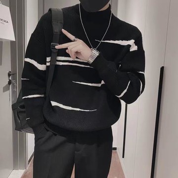 半高領毛衣男士秋冬季加厚條紋撞色針織衫簡約保暖百搭內搭打底衫