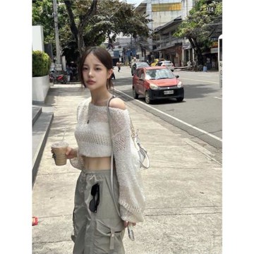 甜酷開叉辣妹褶皺工裝半身長裙DIAGONAL鏤空短款長袖套頭毛衣套裝