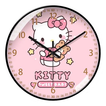 靜音時鐘✨ 客廳臥室兒童掛鐘粉色凱蒂貓時鐘靜音卡通鐘表Kitty可愛女石英鐘