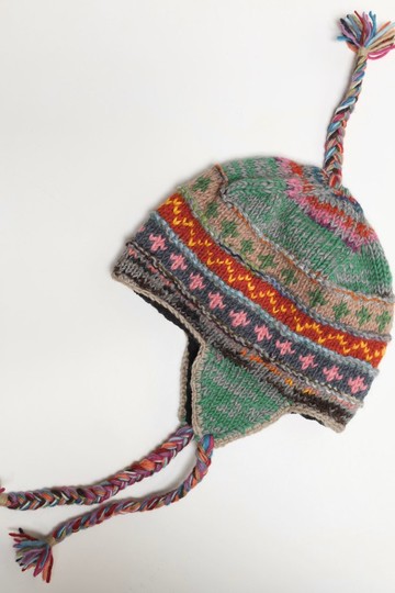 民族風灰綠辮子飛行帽純羊毛線手工編織全襯防風毛帽子護耳帽保暖