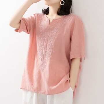【雅韻衣櫥】純棉v領夏季新款棉麻襯衫女文藝寬鬆套頭刺繡短袖t恤女繡花上衣潮