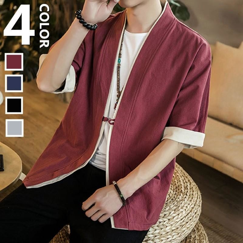 甚平カーディガン メンズ 羽織 五分袖 和服風 ゆったり 春夏 シャツ 通気性 プリント 紫外線対策 日よけ お祭り 薄手 通販 Lineポイント最大get Lineショッピング