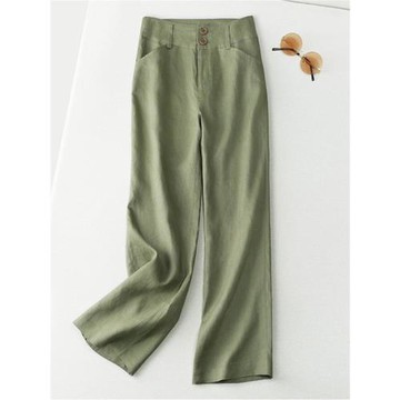 剪標商場專柜撤柜女裝棉麻闊腿褲高腰垂感顯瘦直筒褲休閑亞麻長褲