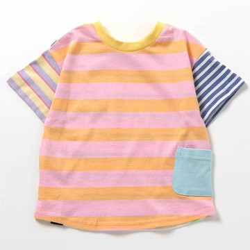 日本 BREEZE - 正反OK！前後兩穿短袖上衣-條紋多彩-粉紅