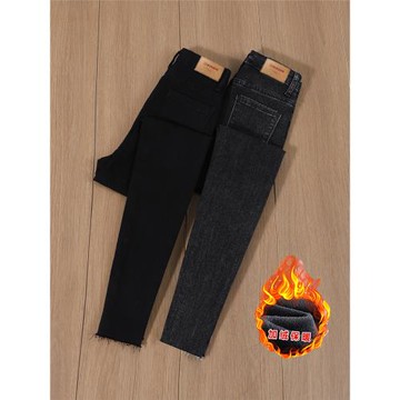 黑色牛仔褲女秋冬加絨加厚保暖外穿高腰修身顯瘦彈力緊身小腳褲子
