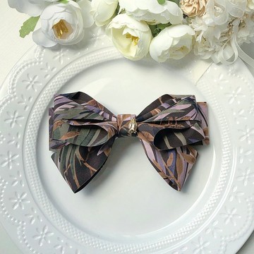 水墨暗色系花草氣質大款蝴蝶結彈夾髮夾-深咖啡色