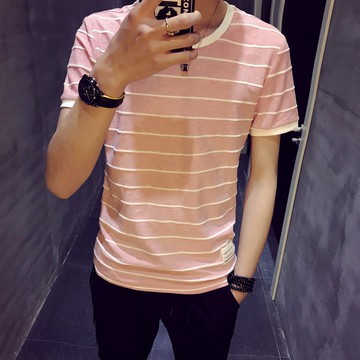 FINDSENSE H1 2018  夏季 新款 個性簡約 休閒 清新 條紋T恤 短袖潮流 時尚 男 上衣