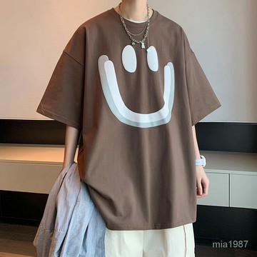 笑臉短袖T恤男夏季青少年寬鬆休閒半袖上衣高街潮牌五分袖體恤衫 FW3R
