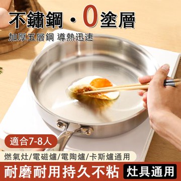 無塗層316L不鏽鋼平底鍋 家用不粘 加厚 電磁爐專用 牛排煎鍋 30cm 帶蓋