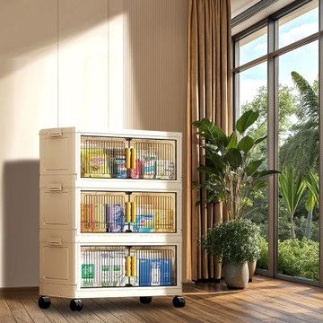 Mr.box  60面寬豎紋摺疊磁吸雙開門三層收納櫃-附滑輪 兩款可選