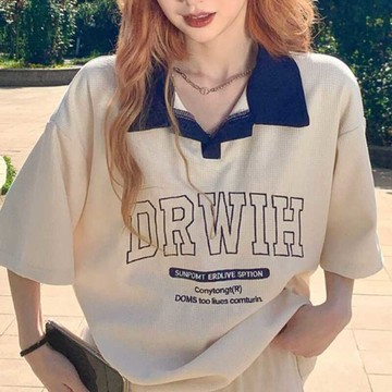 美式復古正肩短袖t恤女華夫格設計感小眾polo衫學院風寬松上衣潮