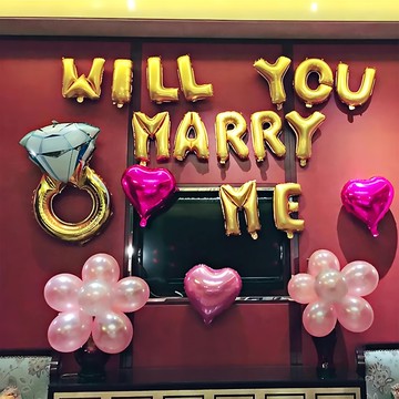 生活King 求婚浪漫氣球套餐簡易版 金色字母WILL YOU MARRY ME 18吋珠光粉愛心氣球 中號鑽戒氣球 淺粉氣球 白色氣球  多色  1組