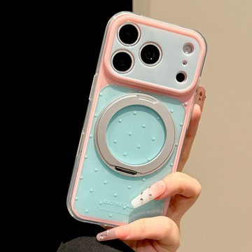 蘋果18Promax手機殼iphone17pro新款粉藍撞色波點大視窗360支架殼16精孔全包15簡約ins風防摔保護套