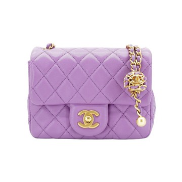 Chanel 菱格羊皮核桃調節金鏈方胖斜背包-17cm(AS1786-紫)