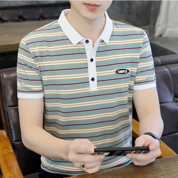 Polo衫男短袖t恤翻領上衣夏季潮流時尚有領條紋純棉半袖體恤男士