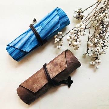 鋼筆 6入捲式鋼筆袋 藍染 皮革感 日本面料