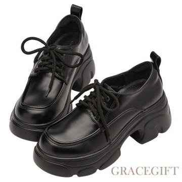 【Grace Gift】休閒紳士輕量運動厚底牛津鞋 黑漆