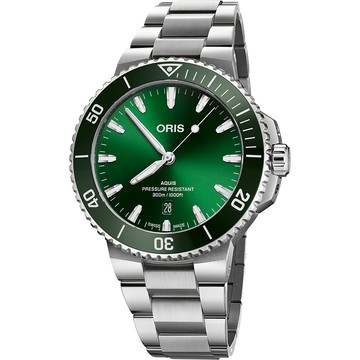 ORIS Aquis 時間之海300米潛水日期機械錶-銀x綠/43.5mm 0173377894157-0782304PEB