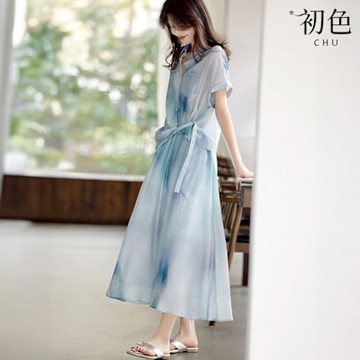 初色 文藝風水墨印花短袖襯衫上衣女上衣+淡雅輕薄大擺半身裙長裙套裝-藍色-12278(M-2XL可選)