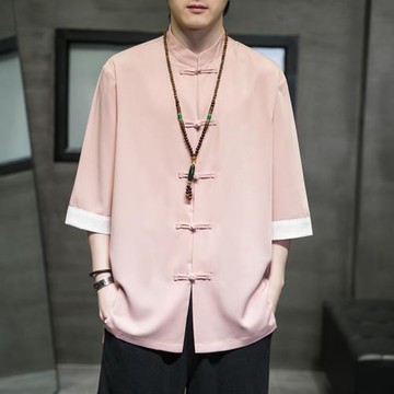 唐裝男士短袖夏季薄款中國風冰絲襯衫古風青年中山裝大碼改良漢服