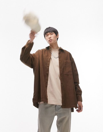 Topman long sleeve extreme oversized cord shirt in brown