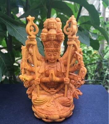 新款小葉黃楊木質千手觀音手把件紅木雕刻佛像擺件佛龕車擺件1入