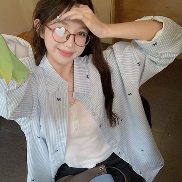 大尺碼襯衫 韓系蝴蝶結印花長袖襯衫女 襯衣 條紋寬鬆襯衣百搭上衣 別緻漂亮襯衫 慵懶風外套 韓系穿搭上衣 洋氣襯衣薄外套