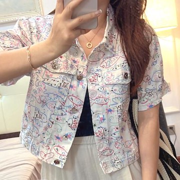 2025夏季新款韓版涂鴉印花短袖牛仔外套女短款休閑夾克上衣薄款潮