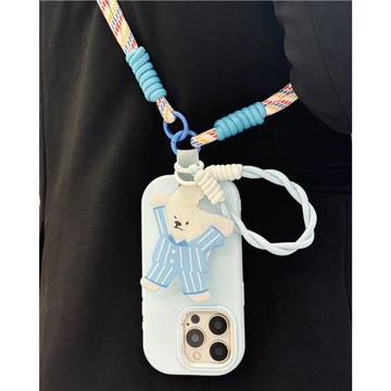 ins春日冰川藍睡衣小熊支架適用于蘋果15promax手機殼iphone13手拎手繩11小眾可愛卡通12軟16防摔14保護套xr
