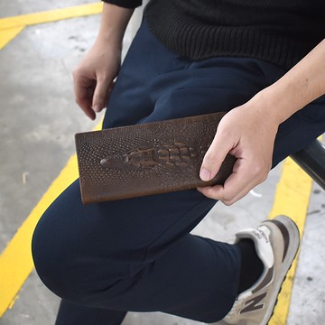 真皮長夾 淺咖色鱷魚頭壓紋對折皮夾【NWD42】