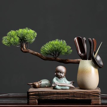 功夫茶藝小擺件禪意小沙彌茶臺裝飾茶道六君子套裝茶具配件 6件套